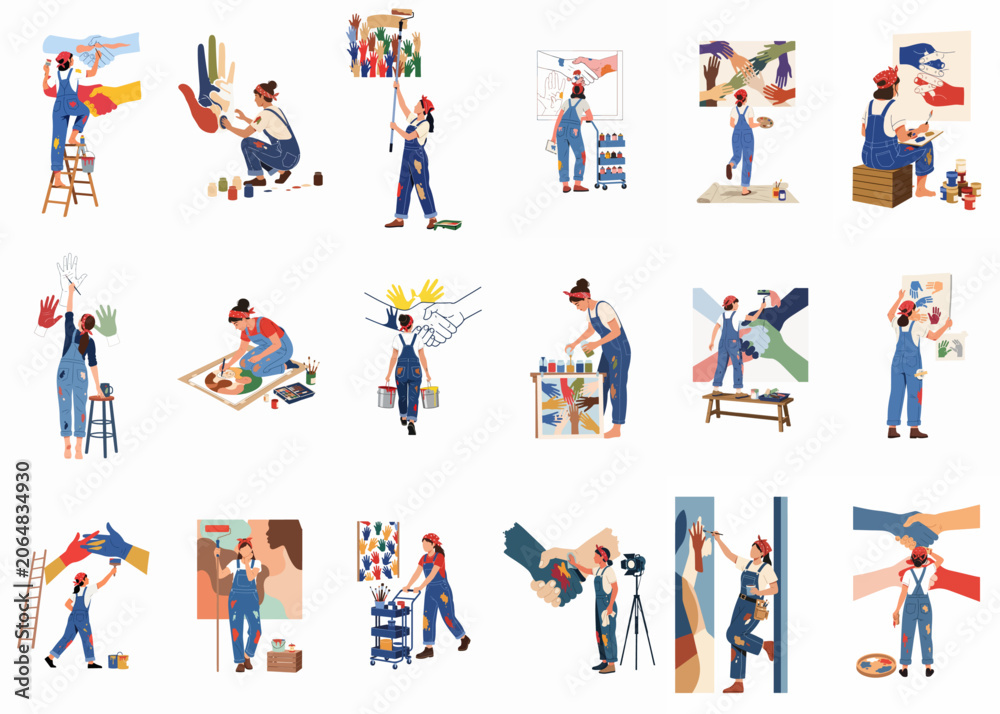 Fototapeta premium Set of eighteen illustrations showing a female artist in overalls creating murals and artworks depicting unity, diversity, and handshakes for social justice themes.
