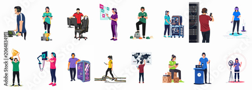 Fotografie Collection of 14 flat vector illustrations showcasing various esports professions and activities from professional gaming and technical support to broadcasting and trophy winning