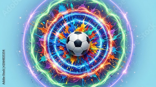 Soccer ball surrounded by colorful electric energy explosion in vibrant abstract background