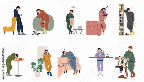 Obraz na płótnie Set of diverse characters in loungewear experiencing exhaustion, boredom, and sleepiness in various home environments, emphasizing a need for rest and relaxation