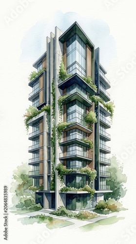 Modern ecofriendly highrise building with glass windows and greenery