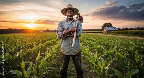 A man in a hat and jeans stands in a field of corn at sunset, holding a shovel and looking at the camera.
