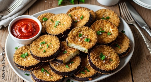 A plate of crispy, golden-brown, breaded eggplant slices with a side of marinara sauce and chopped green onions.