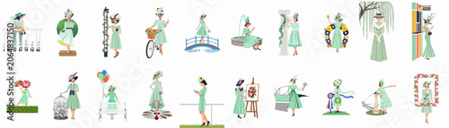 Canvastavla Set of elegant illustrations depicting a woman in light green vintage attire and fancy hats participating in various high-society social and sporting events