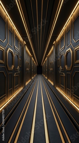 Futuristic luxury corridor with gold accents and modern lighting design