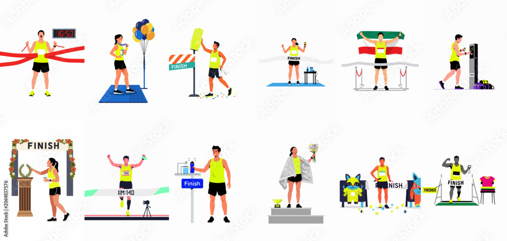 Fototapeta premium Set of flat vector illustrations depicting various scenes of runners crossing the finish line and celebrating after a marathon or competitive race.