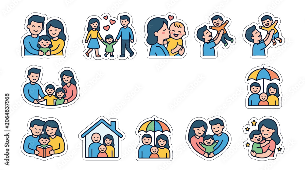 Fototapeta premium Collection of Cute Sticker Illustrations Depicting Happy Family Life and Parenthood Moments.