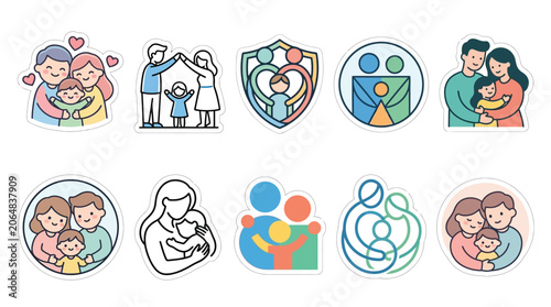 Tableau sur toile Collection of Cute Family Love and Protection Icons in Various Modern Styles