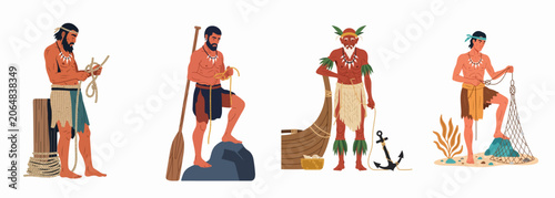 Obraz na plátně Vector illustrations of indigenous men engaged in traditional maritime activities, including fishing, knot tying, and seafaring with canoes and oars