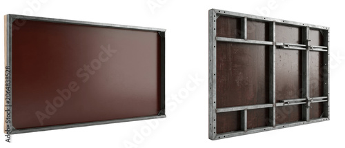 A Set of concrete formwork shuttering panels PNG for construction, smooth brown surface, steel frame edge, reusable wall slab casting board system

