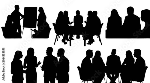 Silhouette business meeting with people discussing around tables isolated on transparent background, Vector