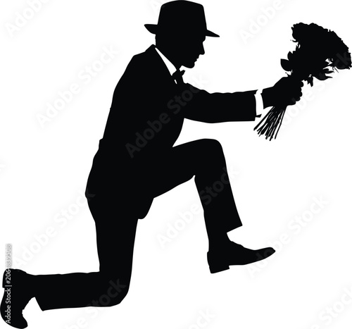 Cuadro en lienzo Man kneeling with flower bouquet silhouette vector, gentleman in suit and hat ma