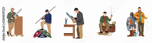 Foto Collection of men cleaning, inspecting, and displaying medieval weapons and armor, featuring swords, spears, shields, and suits of armor in a flat vector style