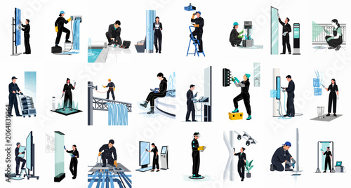 Collection of diverse technicians and engineers performing installation, maintenance, and repair on advanced digital displays, electronic systems, and modern industrial infrastructure.