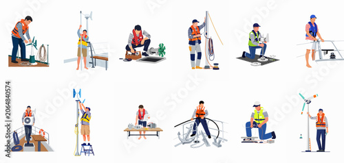 Obraz na plátně Illustration collection of maritime technicians and sailors performing various maintenance, installation, and repair tasks on a boat deck, including wind turbine setup