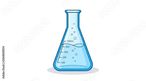 A laboratory worker examines a blue liquid in a conical flask on a table indoors.