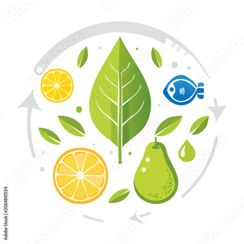 Flat design illustration of fresh produce and nature elements