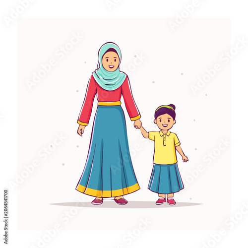 Woman and child holding hands in flat vector style