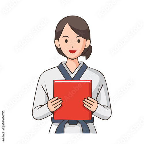 Woman in traditional clothing holding a red book