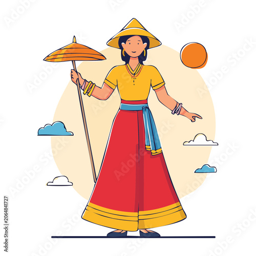 Woman in traditional dress holding umbrella under sunny sky