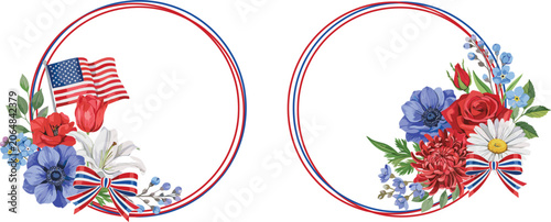 Patriotic American USA flag circle flower frame set, 4th of July celebration vector decoration