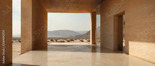 Luxury Desert Villa Interior with Mountain View and Architectural Copy Space