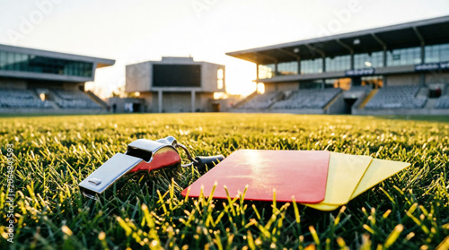 A polished referee whistle and red yellow penalty cards rest on lush stadium grass.