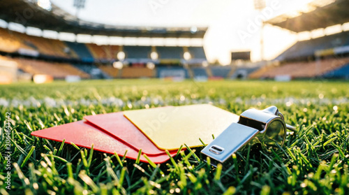 A polished referee whistle and red yellow penalty cards rest on lush stadium grass.