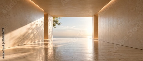 Luxury Ocean View Architectural Interior with Warm Sunlight and Copy Space