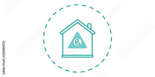 House inside digital supervision boundary with virus alert indicator. Quarantine monitoring and isolation tracking concept scene. Healthcare technology graphic. Clean interface element detail.