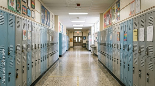 Empty School Hallway with Blue Lockers and Bulletin Boards.