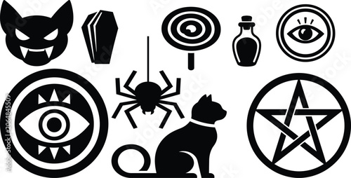 Quadro su tela Halloween vector silhouette icon set featuring vampire bat, standing coffin, spiral candy, potion bottle, mystic eyes, hanging spider, black cat, and pentagram