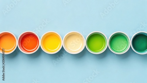 A row of colorful paint pots displaying a spectrum of hues on a blue background