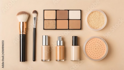 A flat lay of various makeup products including foundation, brushes, and powders on a neutral background