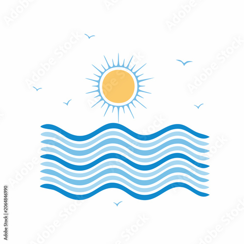 Stylized Sun and Waves with Birds