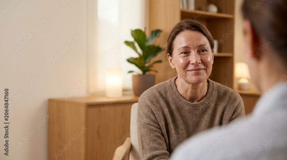 Fototapeta premium Mature woman smiling during a therapy session in a calm office setting