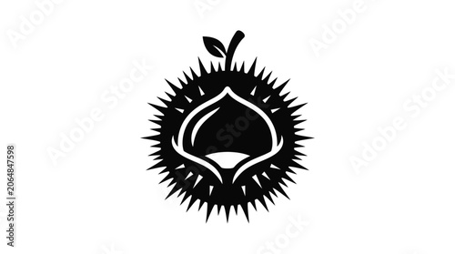 Bild auf Leinwand chestnut with leaf silhouette nut seed shell spike stem black white background