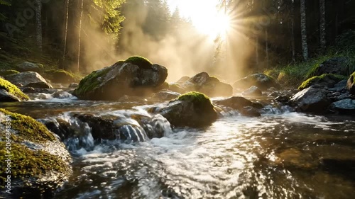 Sunlight filters through a misty forest, illuminating a flowing river with mossy rocks.