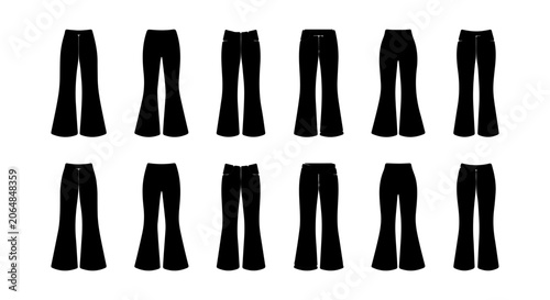 10 Black Flare Pants Silhouettes, Vintage Bell Bottom Trousers, Retro Fashion Vector Collection