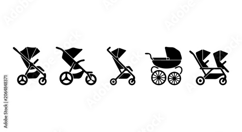 Baby Stroller Icons Set, Modern Pram & Pushchair Vector Graphics, Twin Carriage Collection