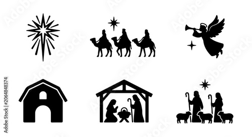 Christmas Nativity Icons Set, Religious Symbols Vector Graphics, Holy Family, Shepherds, Wise Men, Angel