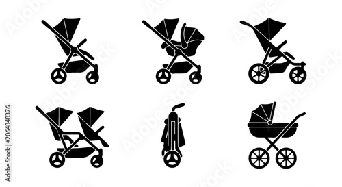 Stroller Icons Set: Twin, Tandem, Single Baby Pushchair Vector Graphics