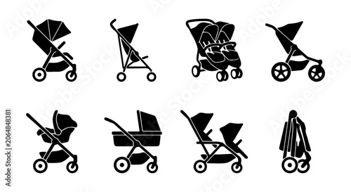 Baby Stroller Icons Set, Twin Pram Vector Graphics, Compact Foldable Pushchair Collection