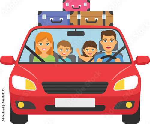 Принти на полотні Happy family road trip vector illustration with parents and children driving red
