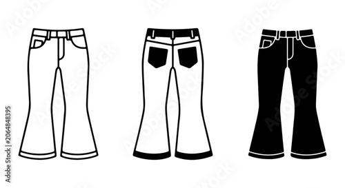 Retro Bell Bottom Jeans Vector Icons, Vintage Denim Trousers, Fashion Apparel Graphics