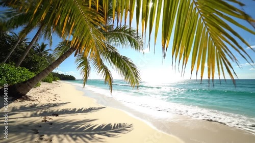 Tropical Paradise Beach with Palm Trees and Turquoise Ocean Waves.