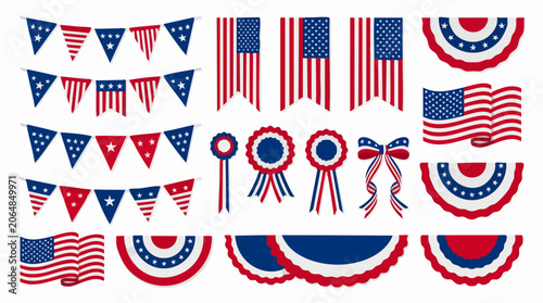 Patriotic American flag bunting and garland set, red white and blue 4th of July decorations, 22 vector elements for Independence Day
