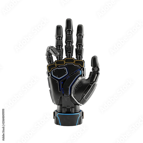 Robotic hand with blue and gold accents futuristic cybernetic limb.