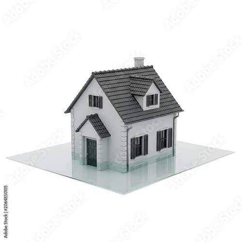 3D house model on water flooded home rising sea levels.