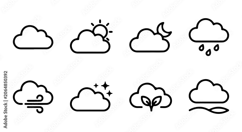 Obraz premium Cloud Icons Set, Weather Symbols Vector Collection, Meteorology Forecast Elements